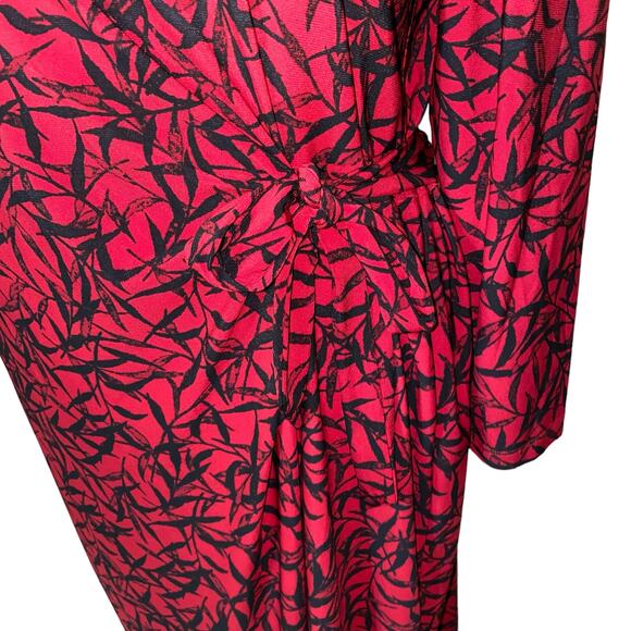 Evan Picone Black Label Red Black Floral Gathered Waist Long Sleeve Dress Sz XL - Picture 2 of 12